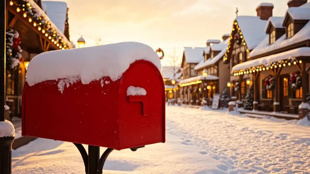 Receiving children's wishes through Santa Mail in a snowy red mailbox at a festive North Pole village