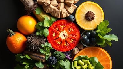 Vibrant circle of six colorful superfoods glowing with natural energy on dark background.