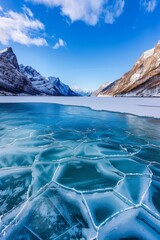 Frozen lake reflecting snowy mountains under blue sky in winter