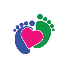 Vector icon of colorful baby footprints with a heart, symbolizing love, family steps, charity, and pediatric care