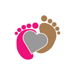A graphic design icon featuring two overlapping footprints in pink and brown with a central heart, symbolizing love, family, and a shared journey