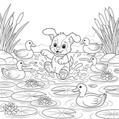 Cute puppy coloring page. Adorable puppy playing in a pond with duck friends. Happy cartoon animal illustration for kids.