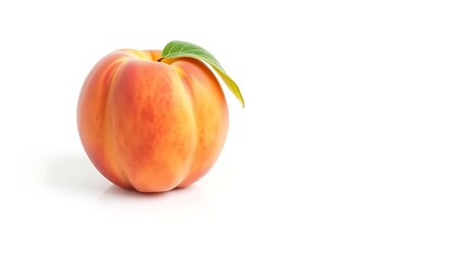 A single fresh peach with a green leaf, professionally photographed in sharp focus on a clean white background.