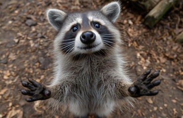 Obraz premium a cute raccoon standing on its hind legs, waving at the camera, raccoon, animal, 