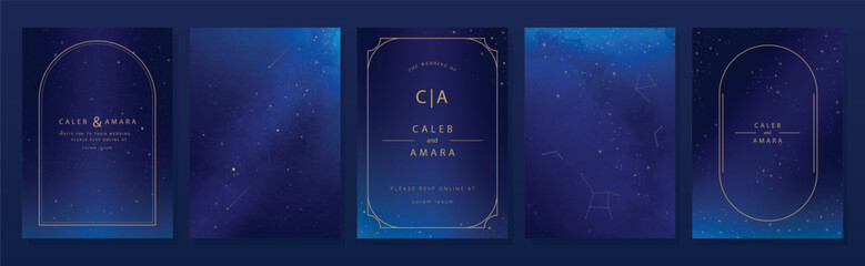 Fototapeta na wymiar Wedding invitation card design vector set. Navy blue wedding card with little star, galaxy, meteor, cosmic, frame and watercolor decorative texture. Design illustration for cover, poster, gala.