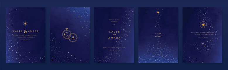 Wedding invitation card design vector set. Navy blue wedding card with little star, galaxy, cosmic, frame and watercolor decorative  texture. Design illustration for cover, poster, gala.