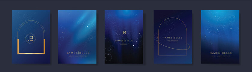 Obraz na płótnie Canvas Wedding invitation card design vector set. Navy blue wedding card with little star, butterfly, frame and watercolour decorative texture. Design illustration for cover, poster, gala.