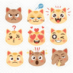 A vibrant collection of nine expressive feline faces showing a range of emotions and moods