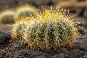 Close-up of yellow cactus cluster with dense spines and black gem-like flowers on gray rock. Set in Lanzarote desert with patchy white foreground. Ideal for botanical themes, travel blogs, or natural 