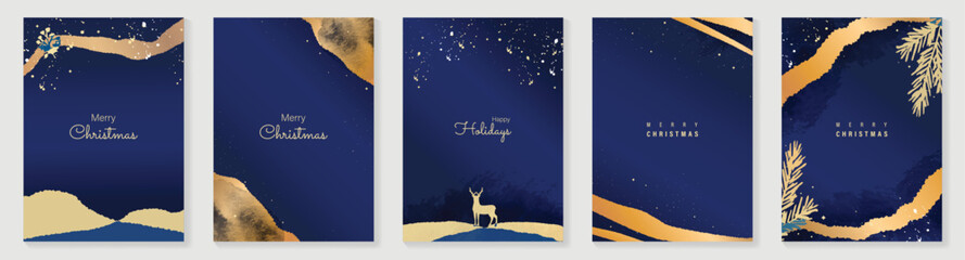 Christmas and Happy Holidays invitation card design vector. Pine leaves, star, reindeer and watercolor texture on navy blue background. Design for Season's Greeting, Christmas, cover. © babeer