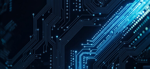 Dark blue circuit board with glowing lines represents technology and connectivity, evoking the flow of digital data across a futuristic electronic landscape.