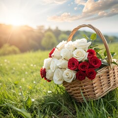 A basket filled with fresh white and red roses placed on green grass with a sunny background.