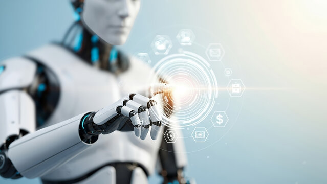 Robot touching a glowing interface with icons on a light blue background, futuristic digital display, and abstract energy patterns reflecting innovation and intelligence.