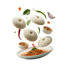 Healthy Indian Idli and Sambar with Flying Effect Isolated on Transparent Background