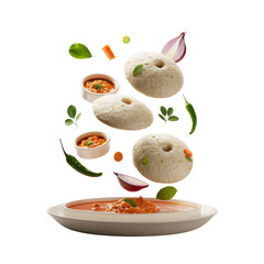 Healthy Indian Idli and Sambar with Flying Effect Isolated on Transparent Background