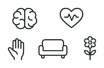 Outline icons of brain, heart, hand, couch, and flower on white background