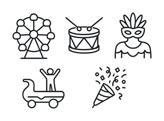 Carnival icons: ferris wheel, drum, mask, float, confetti