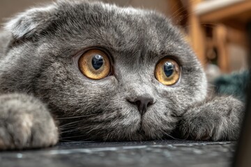 Close-up of a gray, floppy-eared cat with striking orange eyes, resting on a dark surface, conveying a sense of curiosity and calmness
