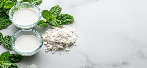 A top-down shot features two small glass bowls filled with white liquid, surrounded by fresh green mint leaves and a pile of white powder on a marble surface