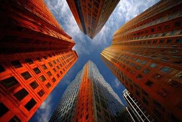 Low-angle shot of tall, colourful buildings reaching towards a blue sky with scattered clouds; urban architecture creating a unique perspective