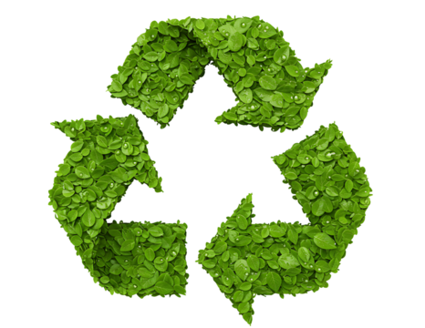 Green recycling symbol made of leaves isolated on transparent background
