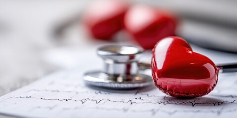 Medical still life of a stethoscope, an EKG reading, and two red heart shapes, with shallow depth of field and bright lighting