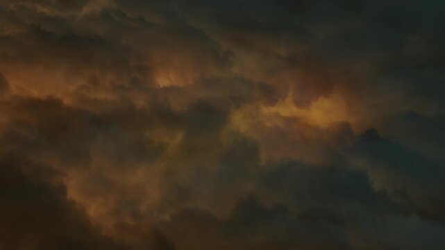 Looping video view from above night clouds with multiple yellow flashes visible below. Creates continuous atmosphere of catastrophe and apocalypse.