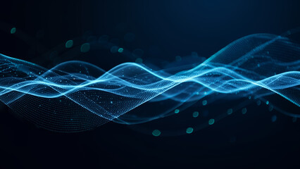 Abstract blue waves against a dark background with bokeh effect light particles, glowing with futuristic gradients and creating a luminous digital motion.