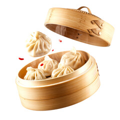 Steamed Dumplings in Bamboo Basket with Flying Chili Slices Isolated on Transparent Background
