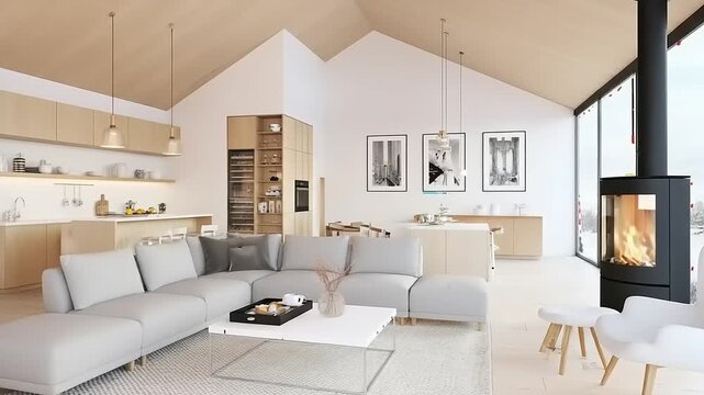 Modern Living Room Interior with Fireplace, Kitchen, and Minimalist Design Elements