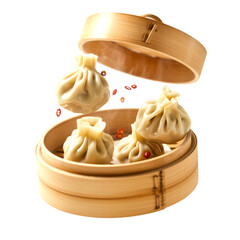 Steamed Dumplings in Bamboo Basket with Flying Chili Slices Isolated on Transparent Background
