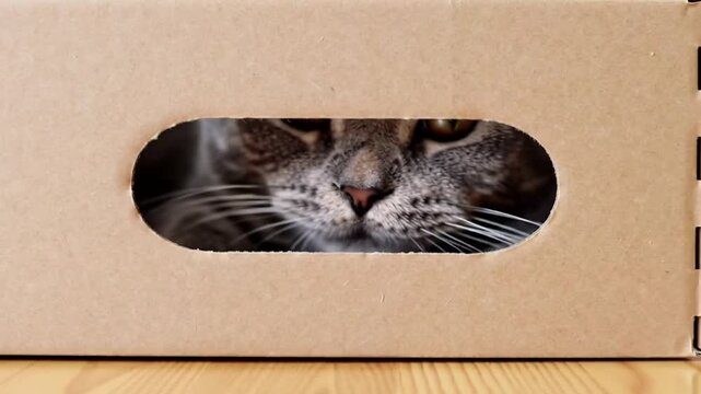 Close-up of an adorable, light grey cat with vivid sapphire eyes, cautiously peeking over a bright white ledge, its gaze fixed intently on something above, with ample negative space in a minimalist wh