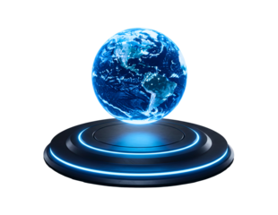 Futuristic holographic earth display with glowing base isolated on transparent background