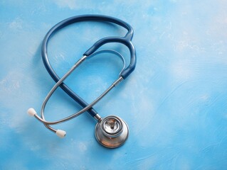 A blue stethoscope rests on a textured light blue background. The medical tool's metallic parts gleam, highlighting its form against the soft backdrop