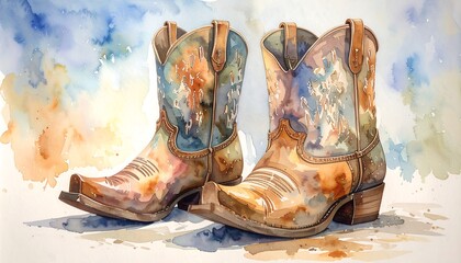 Watercolor illustration of two pairs of decorated cowboy boots