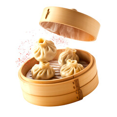 Steamed Dumplings in Bamboo Basket with Flying Chili Slices Isolated on Transparent Background

