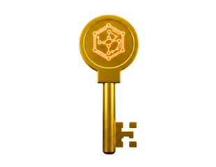 Golden antique key with intricate symbol isolated on transparent background