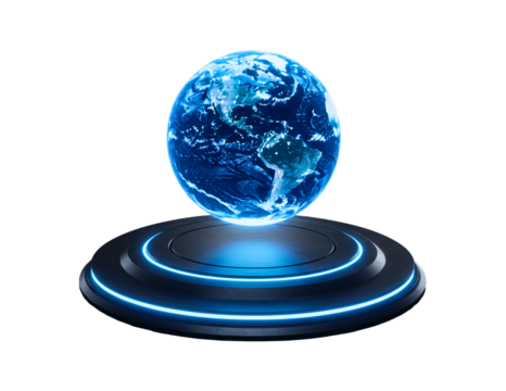 Futuristic holographic earth display with glowing base isolated on transparent background