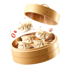 Steamed Dumplings in Bamboo Basket with Flying Chili Slices Isolated on Transparent Background
