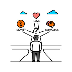Fototapeta premium Crossroads of Choice Man Facing Paths of Money Love and Knowledge