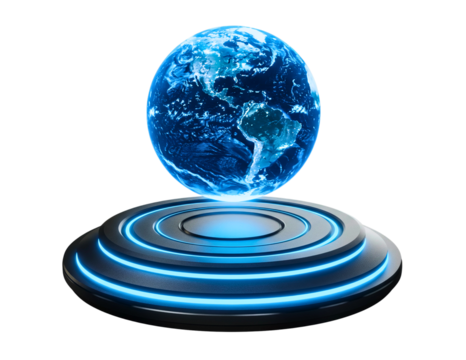 Glowing blue earth on futuristic platform isolated on transparent background - Powered by Adobe