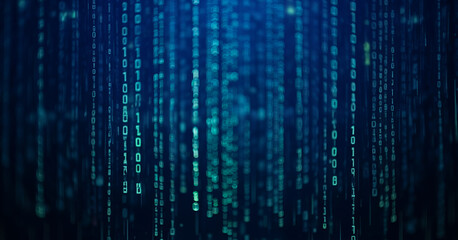 Abstract digital background with falling glowing lines in shades of blue, creating a futuristic matrix-inspired effect with luminous motion and depth.