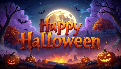Spooky Halloween night scene with pumpkins and text