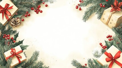 Festive Christmas Background with Gifts, Pine Branches, and Holly Berries