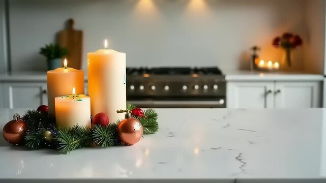 Cozy Christmas Kitchen Scene: Flickering Candles and Festive Decor Create Warm Holiday Ambiance