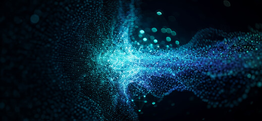 Abstract blue and black background with glowing particles and light effects, enhanced with futuristic luminous depth and radiant digital shimmer.