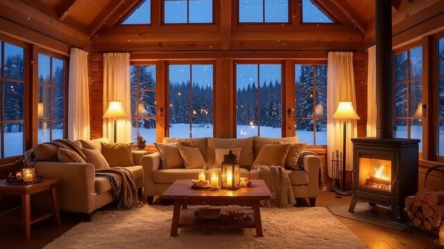 Cozy Winter Night in a Rustic Log Cabin with a Crackling Fireplace and Falling Snow