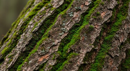 Obraz premium Close-up of Tree Bark Covered in Green Moss.