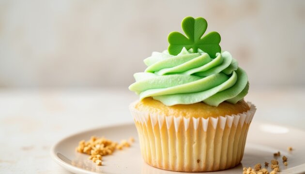 Green cupcake with shamrock decoration on a plate for St. Patrick's Day   - Powered by Adobe