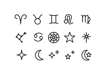 Zodiac and celestial symbols: aries to sagittarius with stars and moon designs